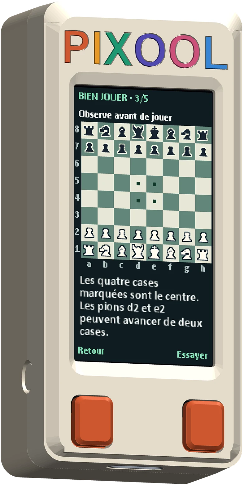 Le boîtier Pixool, écran allumé sur une leçon d'échecs