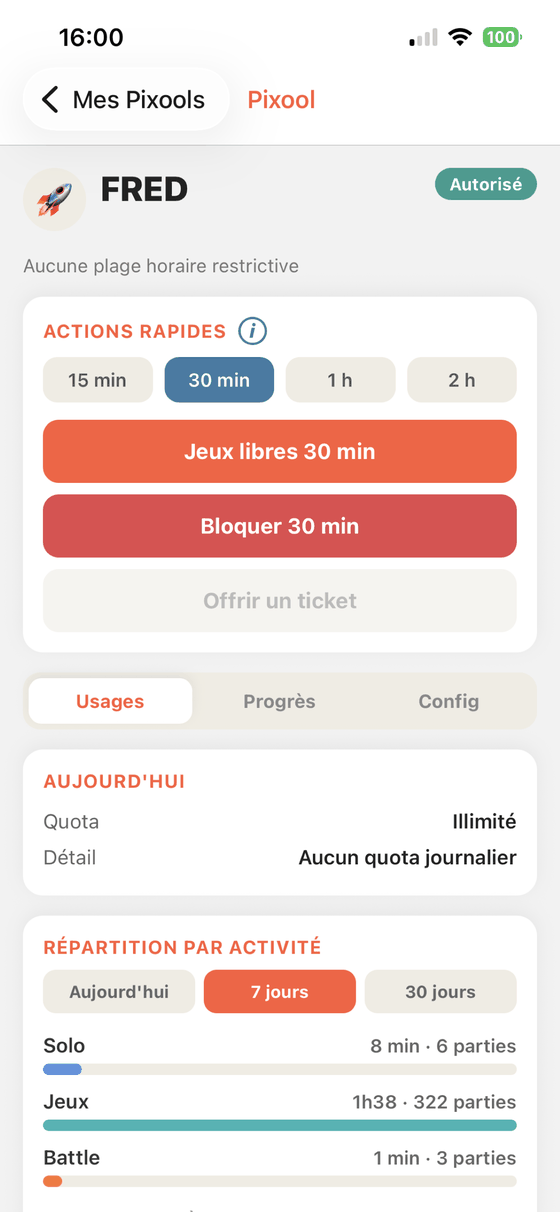 Écran de l'app : actions rapides et répartition du temps par activité