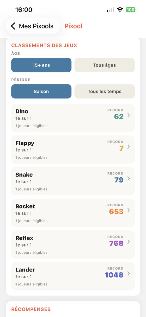 Écran des classements de jeux, par âge et par saison