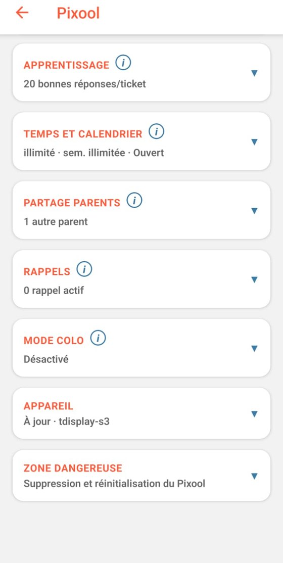 Écran de configuration : apprentissage, temps et calendrier, rappels, mode colo