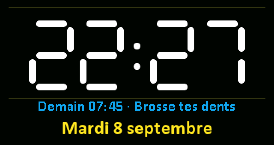 Pixool en horloge de chevet, avec le prochain rappel affiché