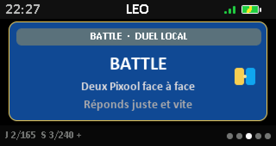 Carte Battle du menu : duel local, deux Pixool face à face