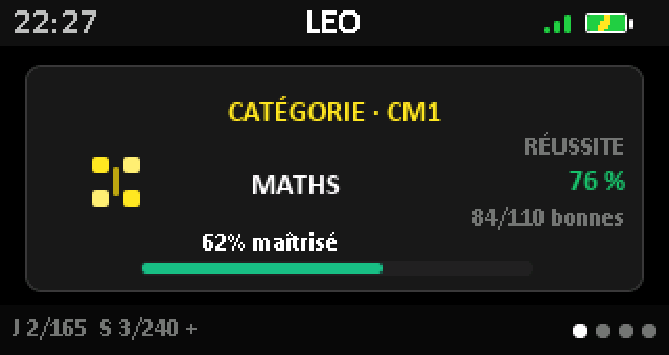 Sous-menu Solo : niveau CM1, 62 % de maîtrise, 84 bonnes réponses sur 110