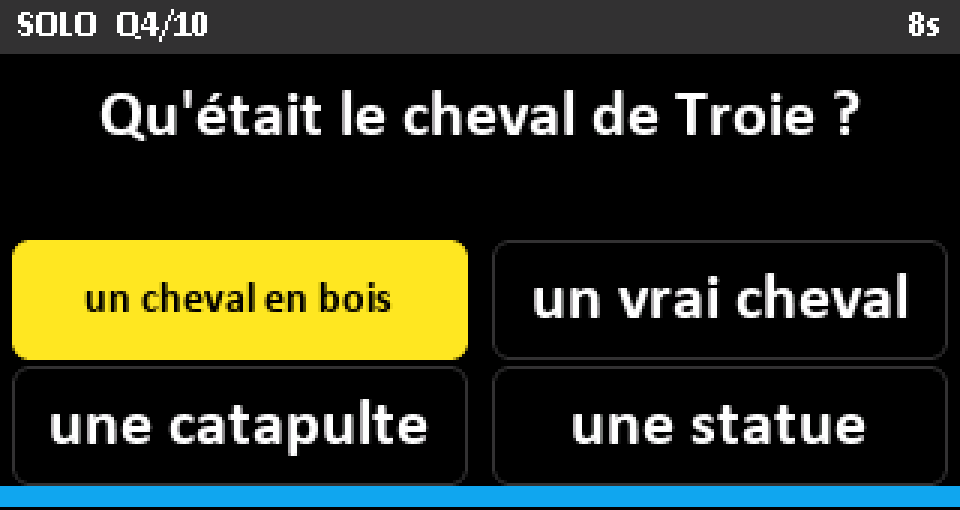 Écran de question : qu'était le cheval de Troie, avec quatre réponses possibles